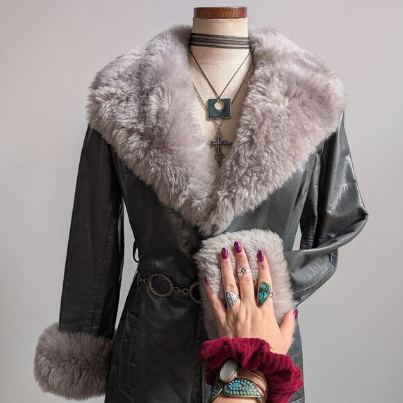 Vintage Blue Grey Leather Shearling Penny Lane Jacket Groovy Trench Coat Medium - Picture 4 of 9